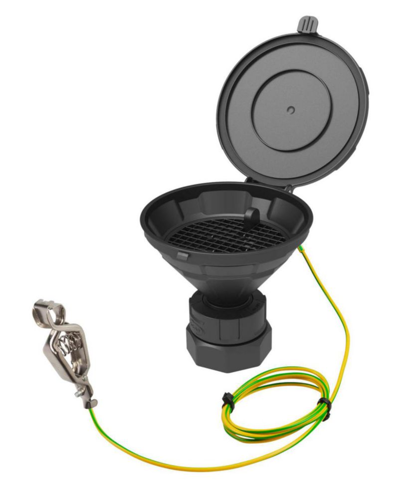 Safety funnels with hinged lid, V2.0, black, HDPE, electrostatic conductive