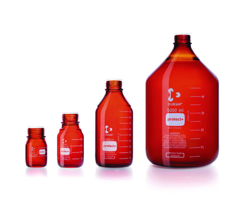 Laborflaschen protect+ DURAN®, mit Retrace code, braun Laborflaschen protect+ DURAN®, mit Retrace code, braun