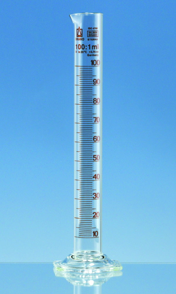 Messzylinder, Borosilikatglas 3.3, hohe Form, Klasse B, braun graduiert Messzylinder, Borosilikatglas 3.3, hohe Form, Klasse B, braun graduiert
