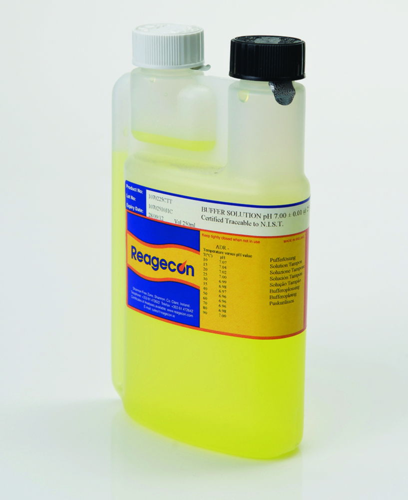 Technical pH buffer solutions in twin-neck dispensing bottles