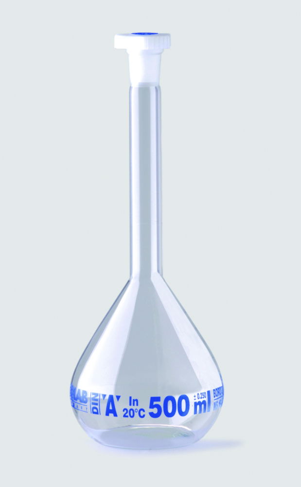 Volumetric flasks, borosilicate glass 3.3, class A, blue graduated, with PE stoppers Volumetric flasks, borosilicate glass 3.3, class A, blue graduated, with PE stoppers