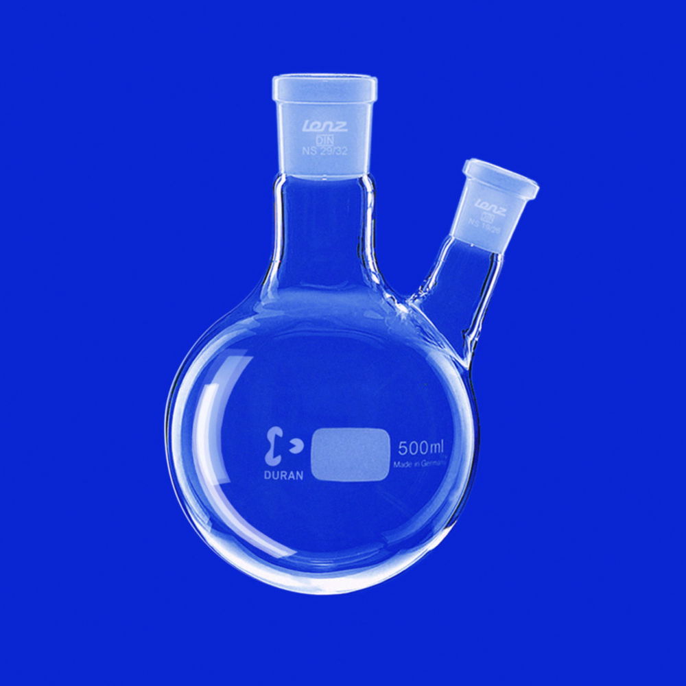 Round bottom flasks with two necks, side neck angled, DURAN®